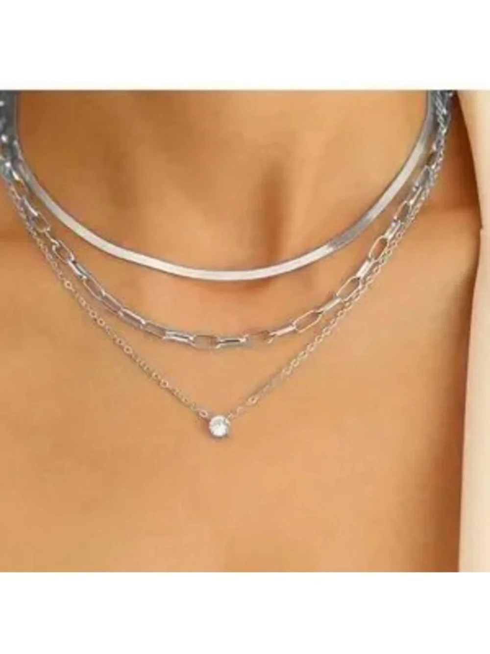 SILVER 14k White Gold Plated Snake 3pc Chain Necklace Set
